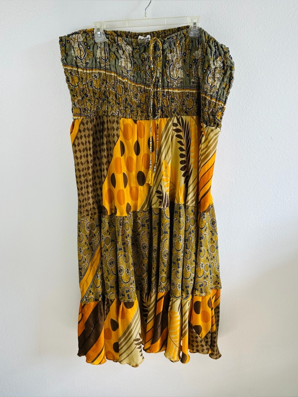Darn Good Yarn Yellow Brown Multi Pattern Boho Silk Blend Dress Skirt Size 14-32